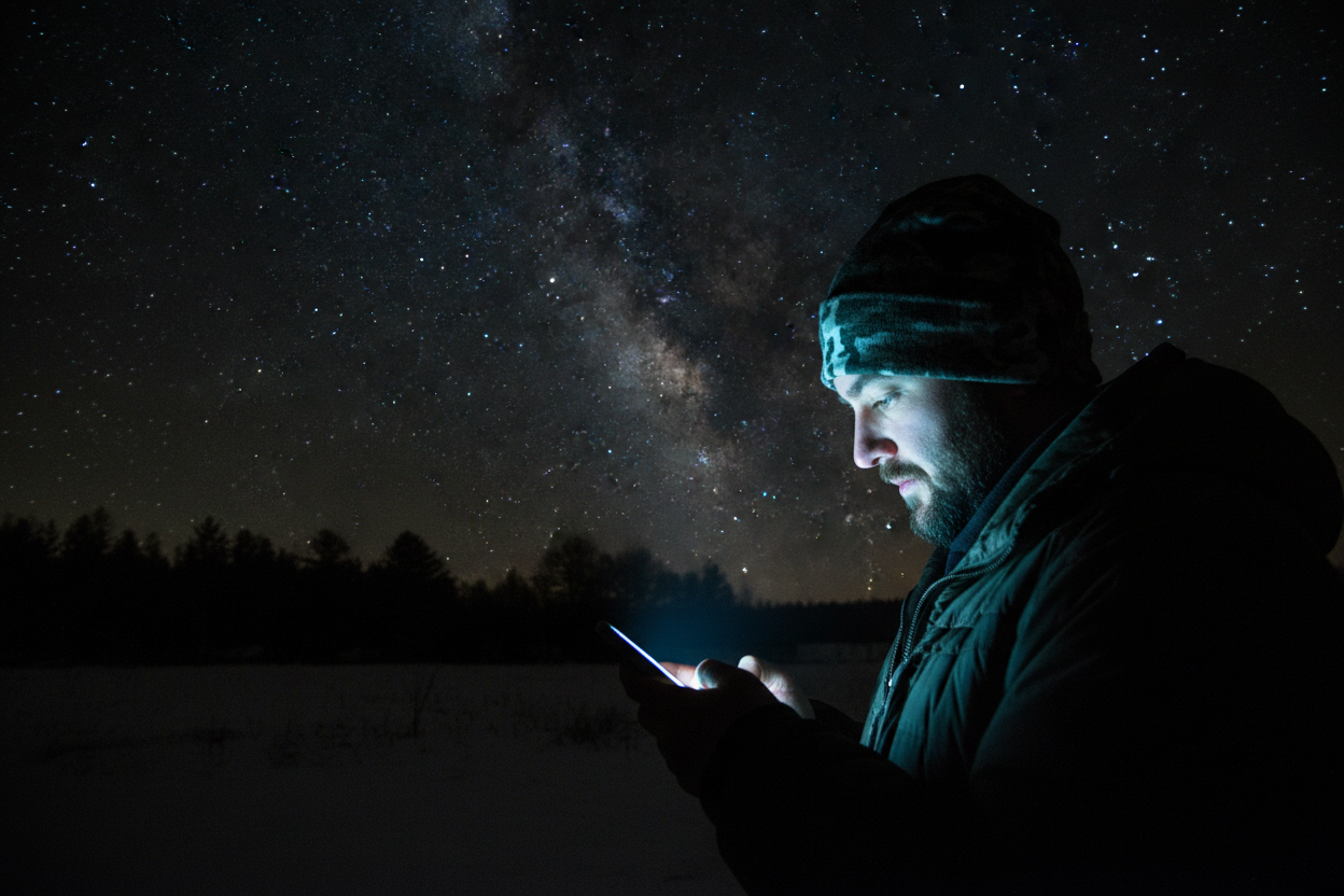 A profile view of a guy shopping on his phone in the dark, outside under the stars. He is wearing our snow camo hat. His face is illuminated by the light from his phone screen.